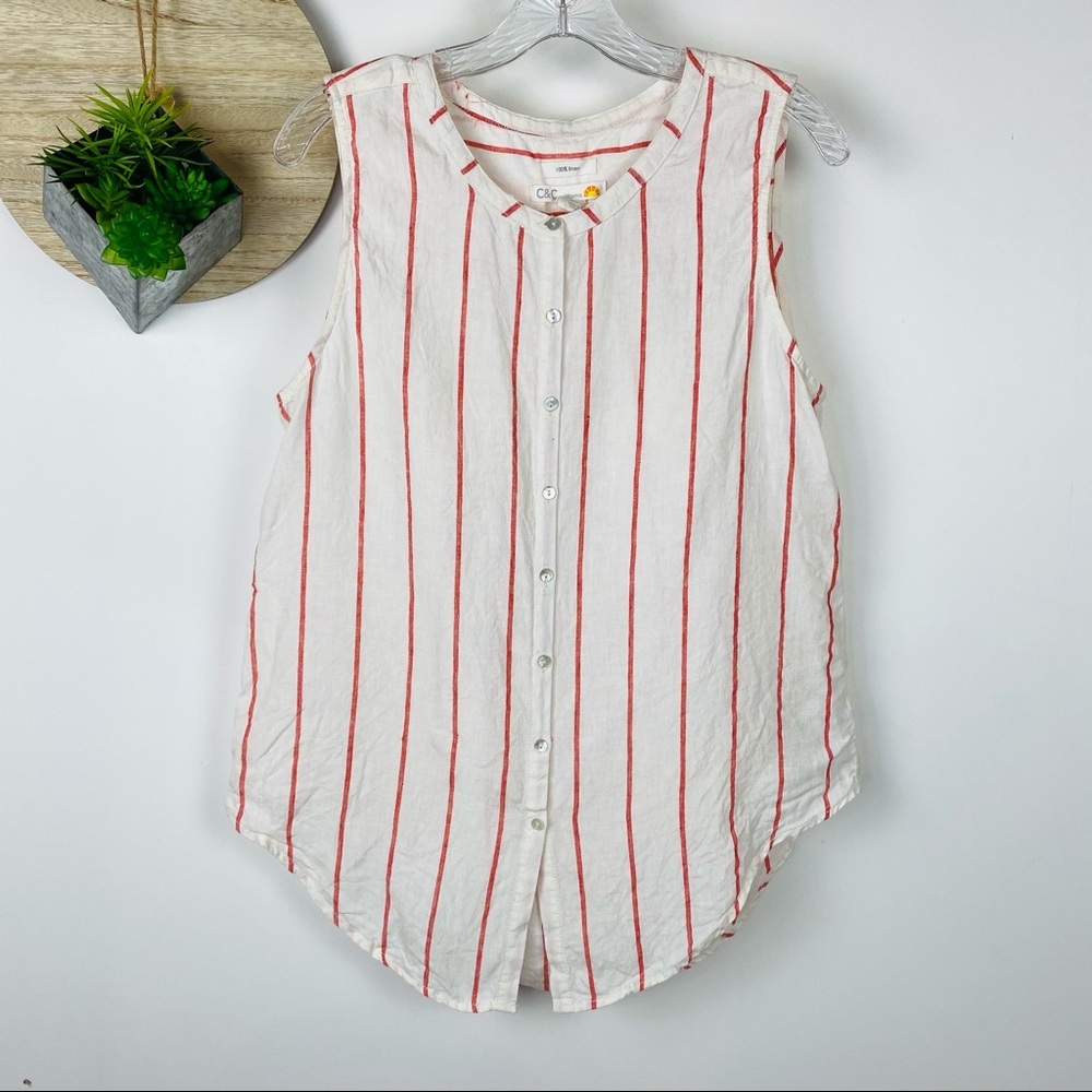 C&C Cream Orange Linen Strip Button Front Tank Lrg